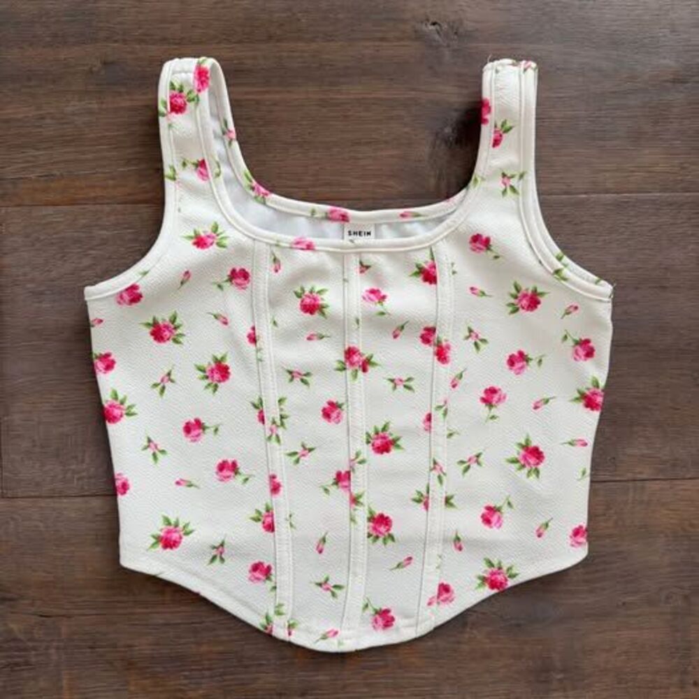 SHEIN Teen 10-11 Floral Print Seam Detail Corset Style Crop Tank Top